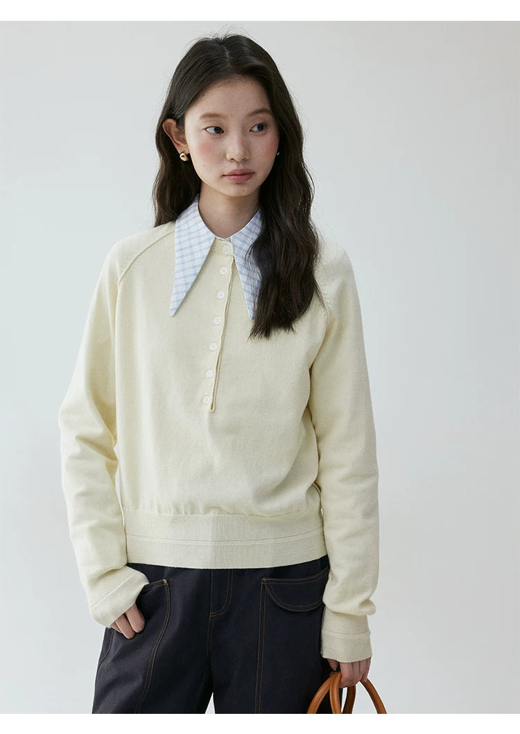 VOOE Half-open Button Round Neck Loose Knitted Long Sleeves