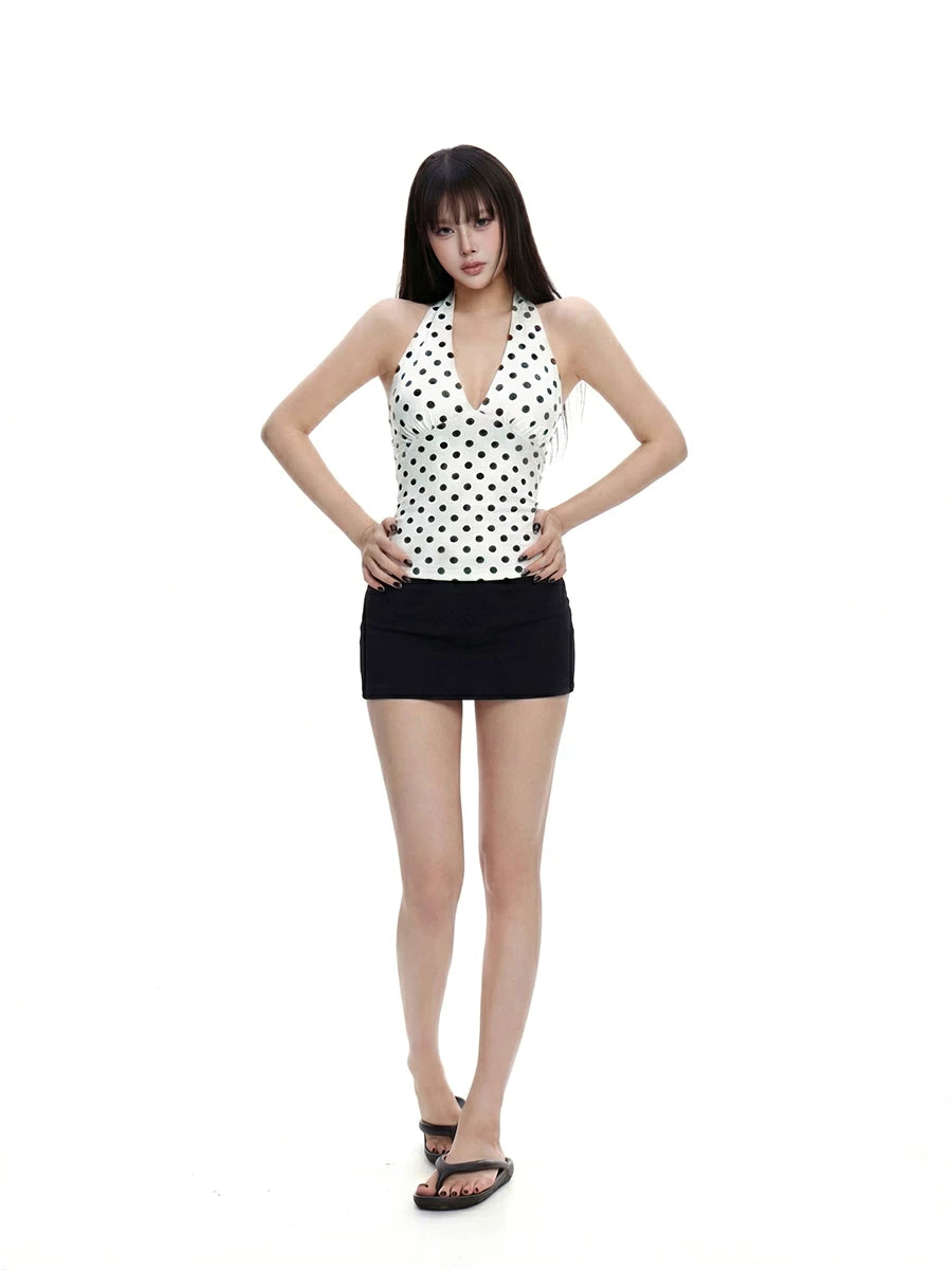 WITHMIN Polka Dot Sling Vest Low Waist Skirt Set