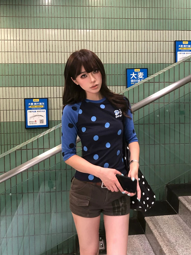 EAHO Polka Dot Printing Contrasting Color Slim and Thin Tee