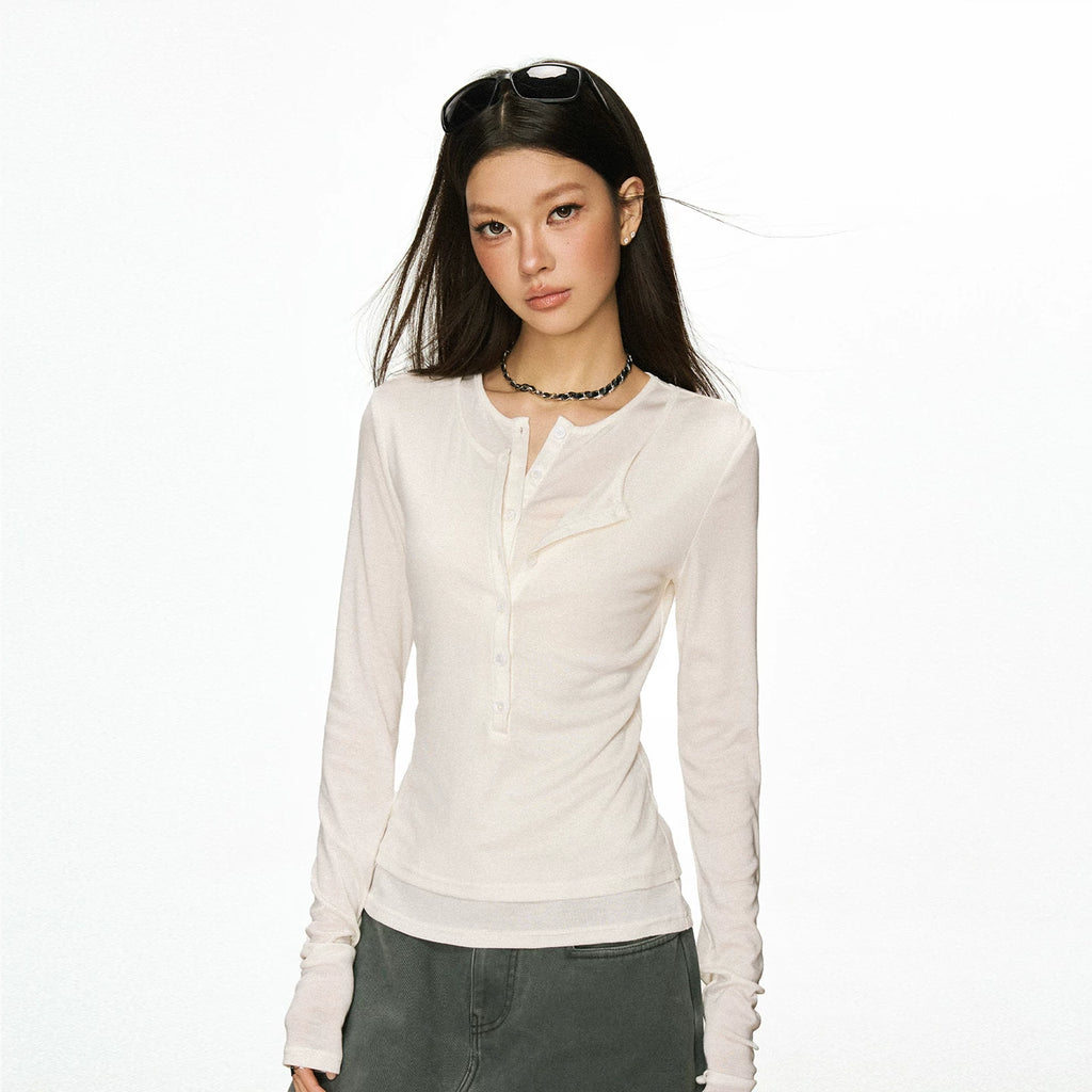 Cherry Melody Henry Shirt Collar Fake Two Long Sleeves
