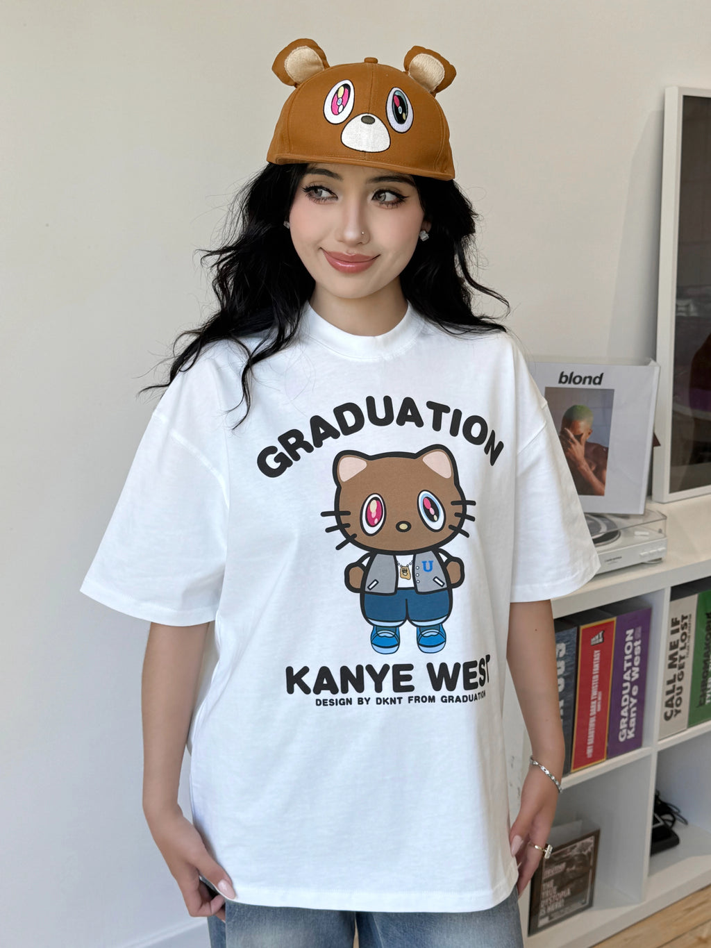DKNT Kitty Print Crew Neck Loose Casual Tee