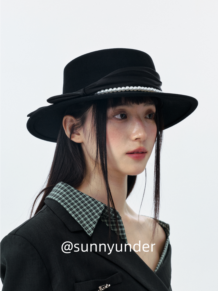 Sunnyunder Elegant Bead Strap Bow Wool Flat Top Hat