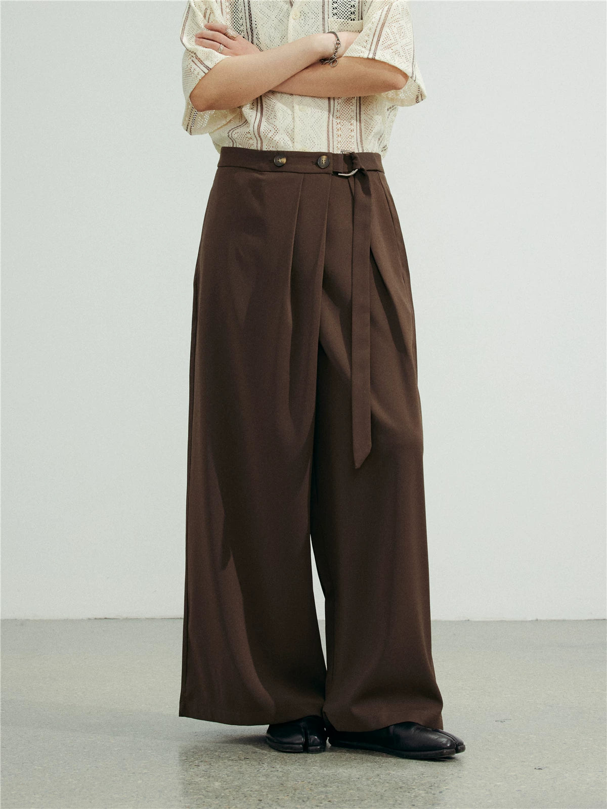 SUNYVONNE Irregular Diagonal Button, High-waisted Lace-up Casual Suit Pants