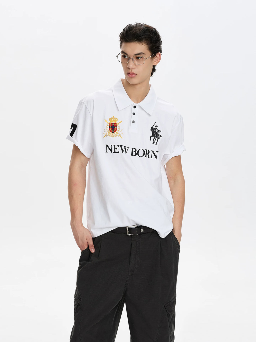 A PUEE Retro Alphabet Front Shoulder Embroidered Polo Shirt