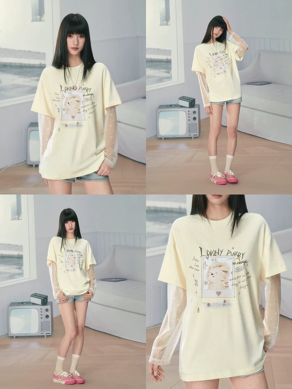 Ablueberry Cool Fake Two Piece Mesh Splicing Tee