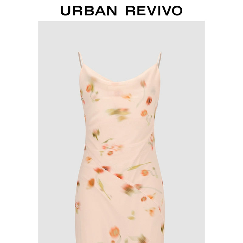 URBAN REVIVO Wave Swinging Neck Romantic Print Suspender Dress