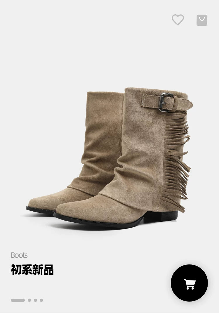 CHRNDXEE Suede Belt Buckle Fringed Western Cowboy Boots