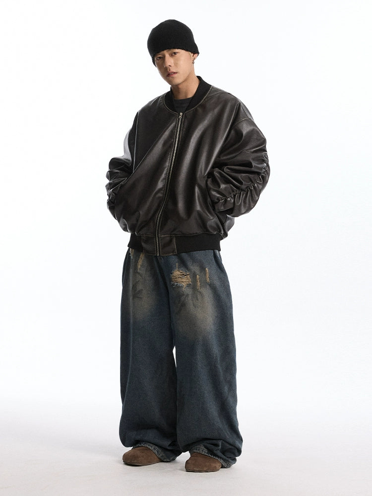 CoosRetro Cloth Embroidered Rubber Leather Jacket