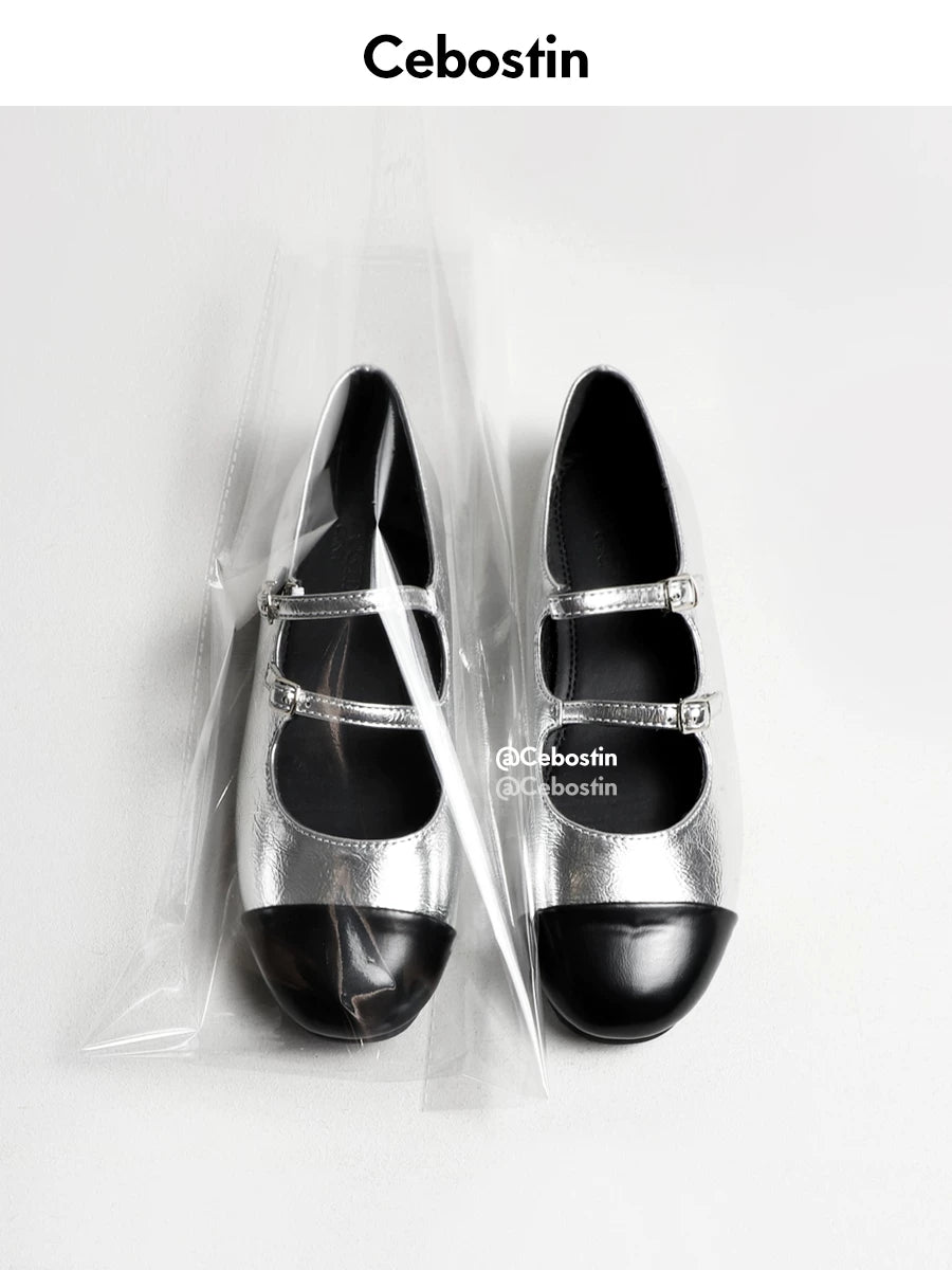 Cebostin Retro Flat Bottom Shallow Mouth Small Leather Shoes
