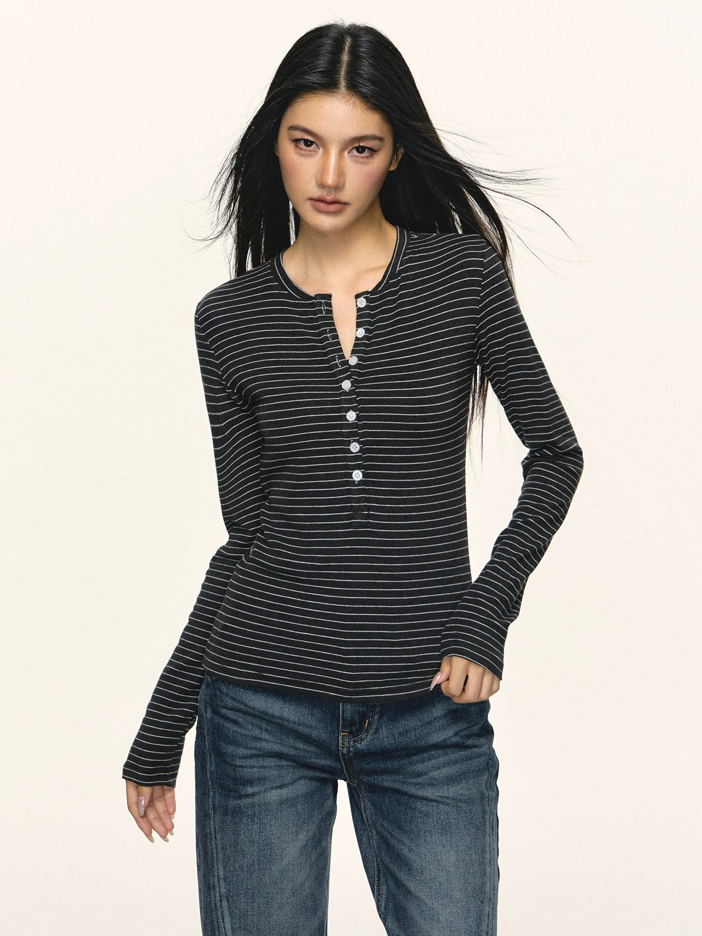 Anna Aneae Henry Collar Stripe with Long Sleeves Underneath