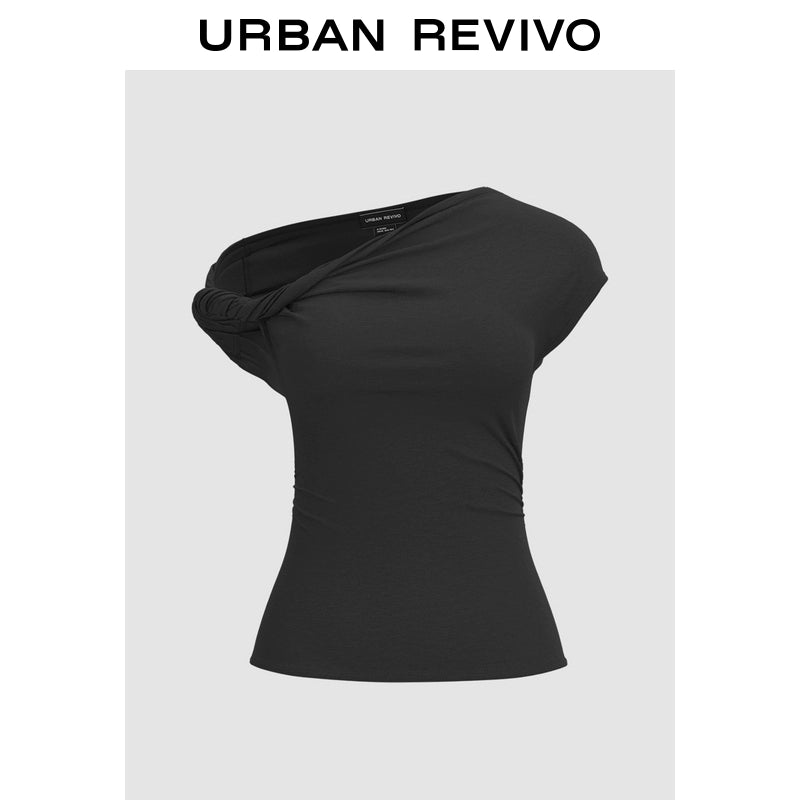 URBAN REVIVO Temperament Versatile Slanted Shoulder Collar Pleated Waist Tee