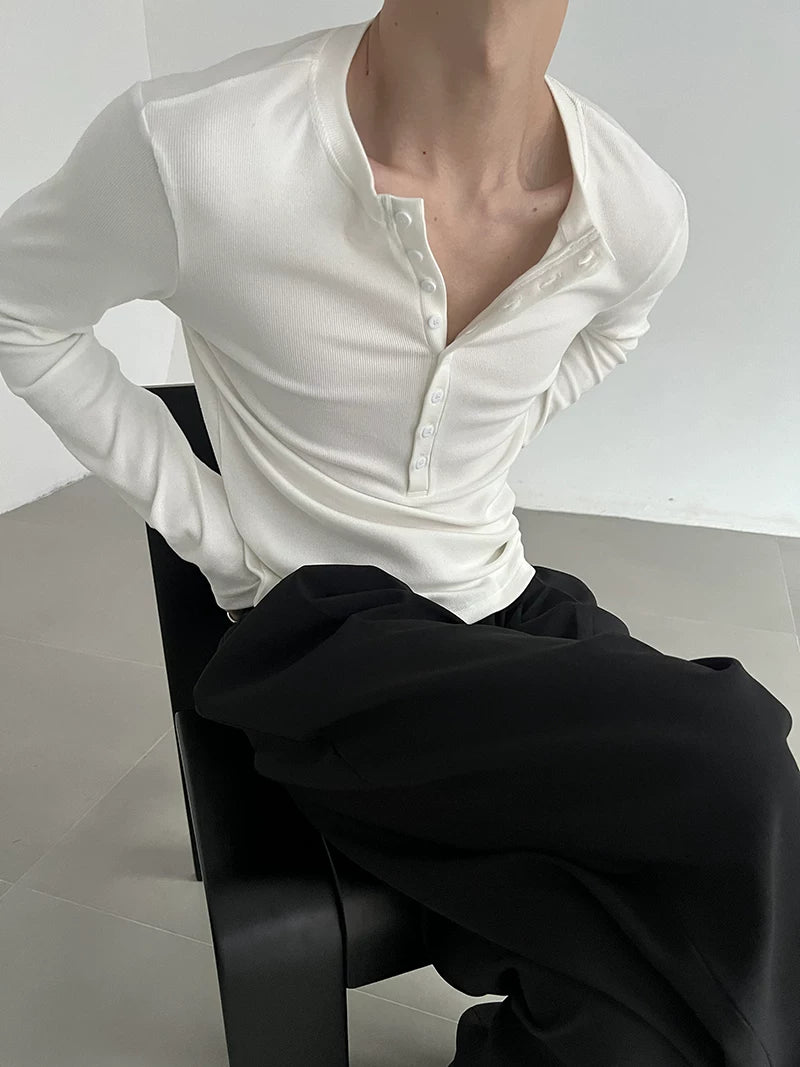 COLN Casual Henry Collar Bottom Long Sleeve