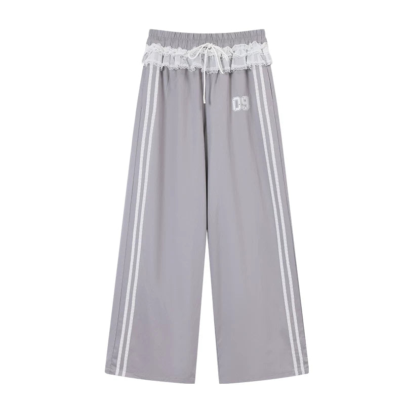 Ablueberry Splicing Lace Loose Straight Pants