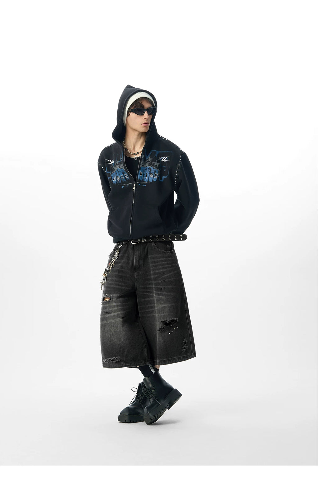 JHYQ Men's Fist Print Hooded Zipper Cardigan Sweater