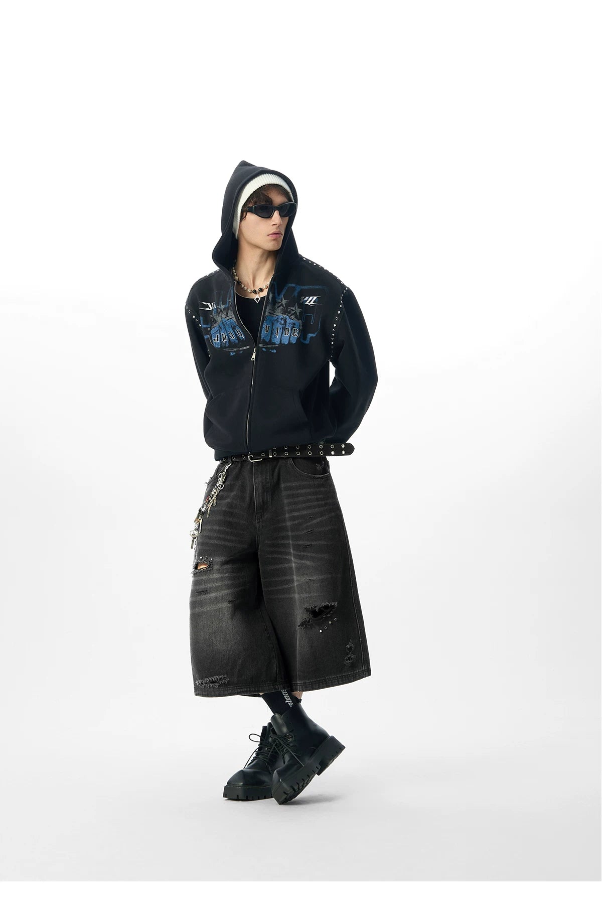JHYQ Men's Fist Print Hooded Zipper Cardigan Sweater