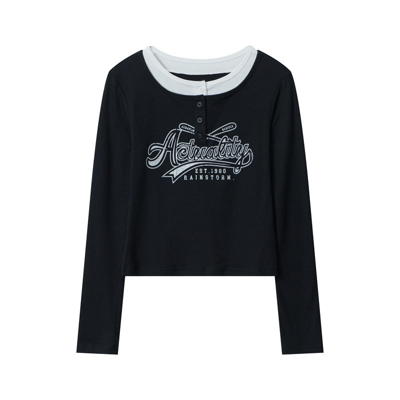 Nariele Fake Two-Letter Design Slim-Fit Long-Sleeve T-Shirt Top