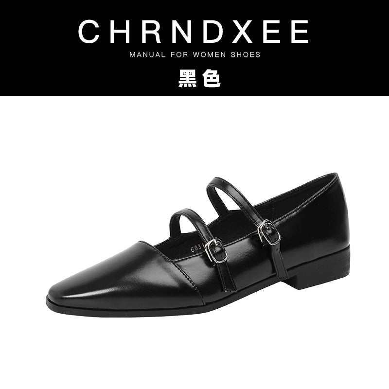 CHRNDXEE Square Head Retro Double Buckle with Light Mouth Single Shoes