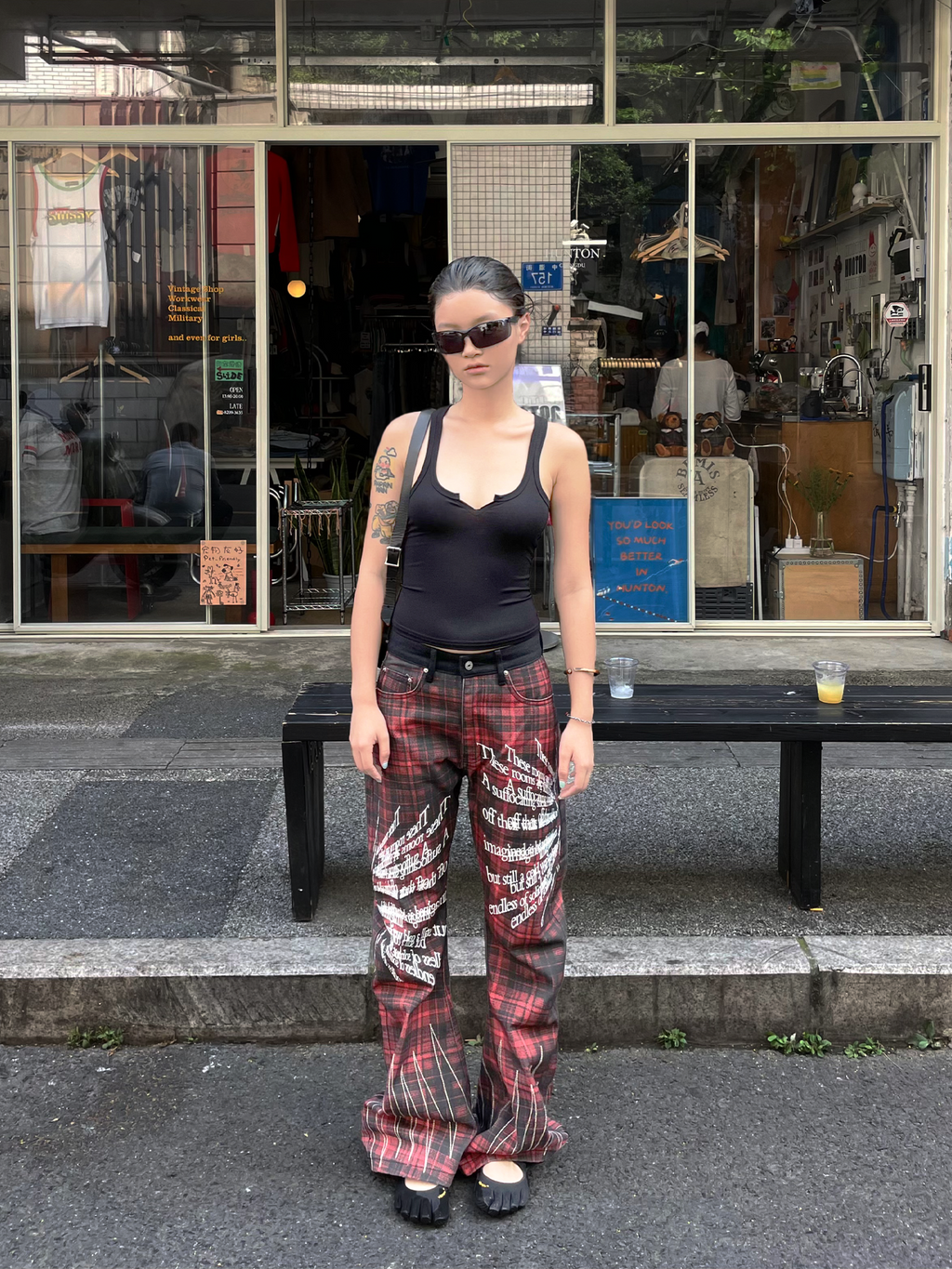 DETW Red Plaid Embroidered Scimitar Jeans