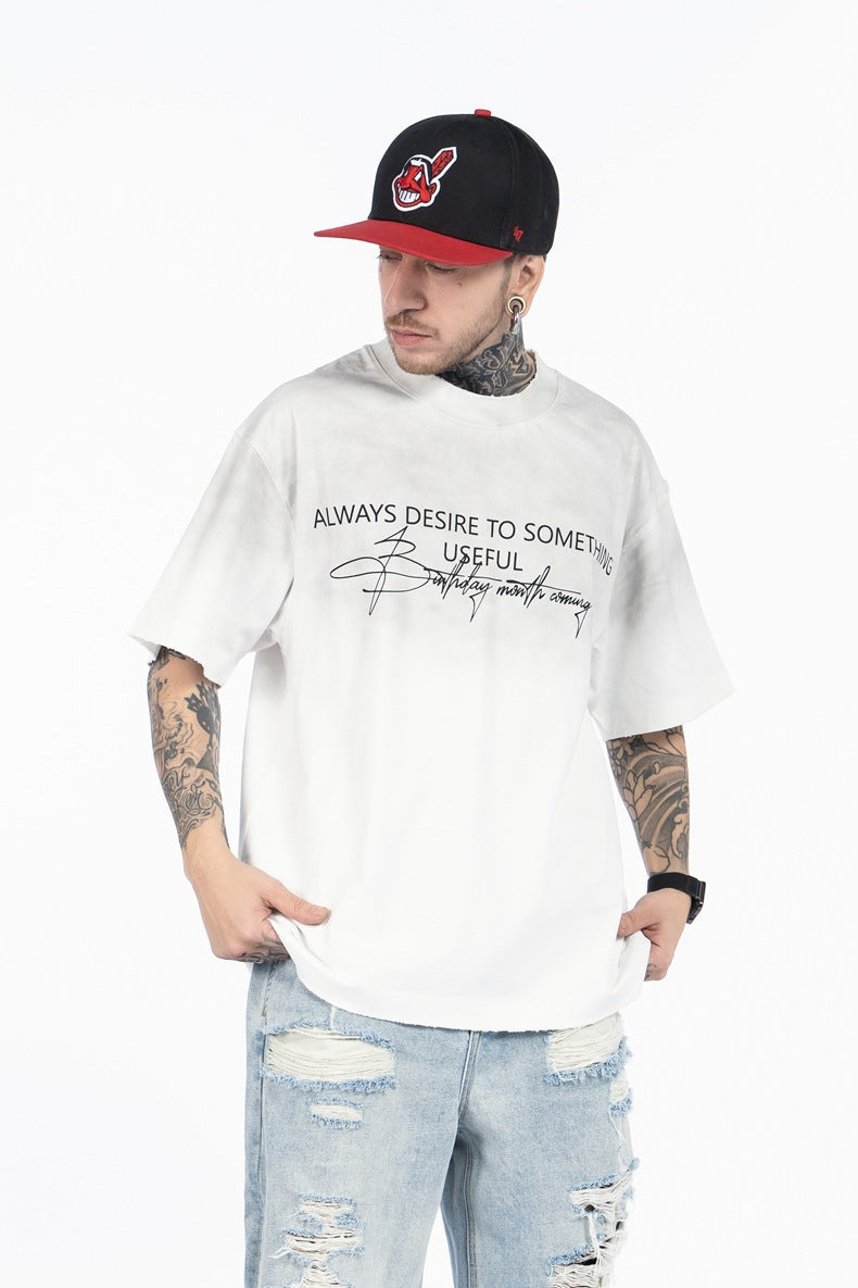 SUPER WAY Spray Color Gradual Change Letter Printing Simple Tee