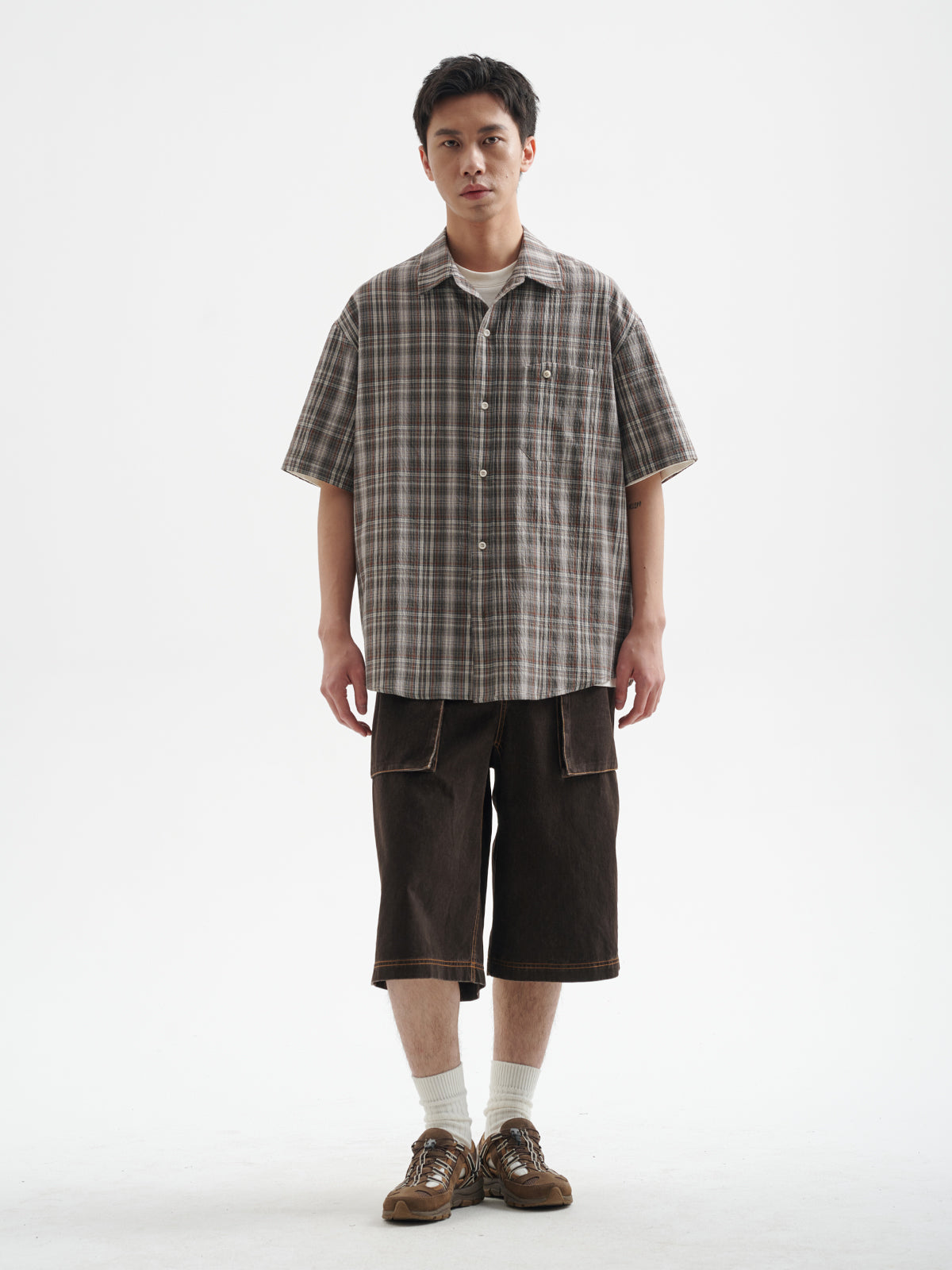 BUTTBILL 25SS Irregular bag plaid short-sleeved shirt