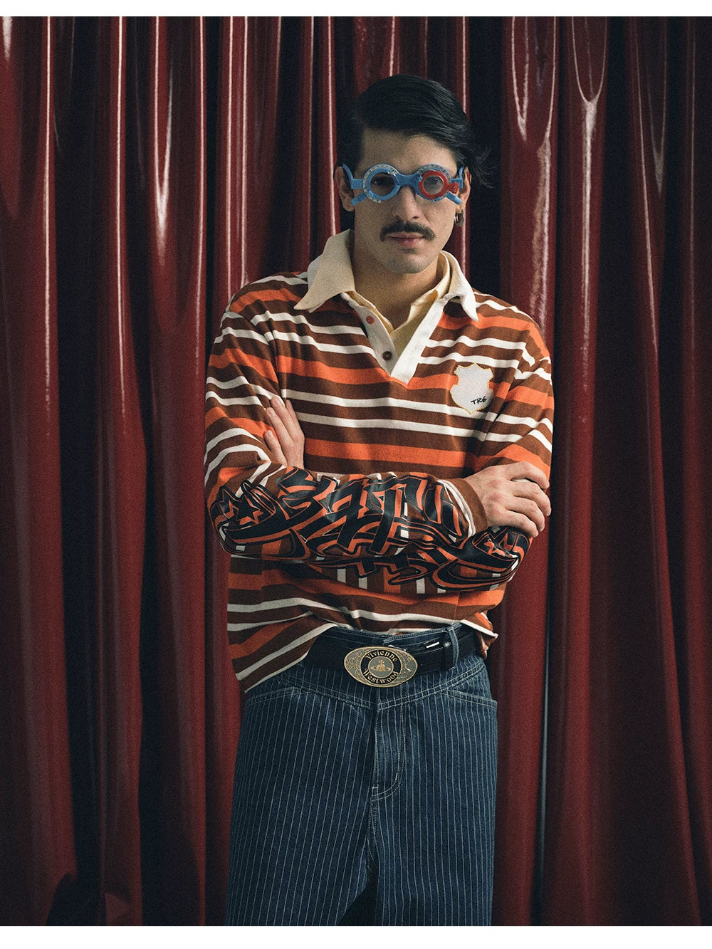 TREclub Vintage Striped Embroidered Epaulettes Polo Shirt Long Sleeve