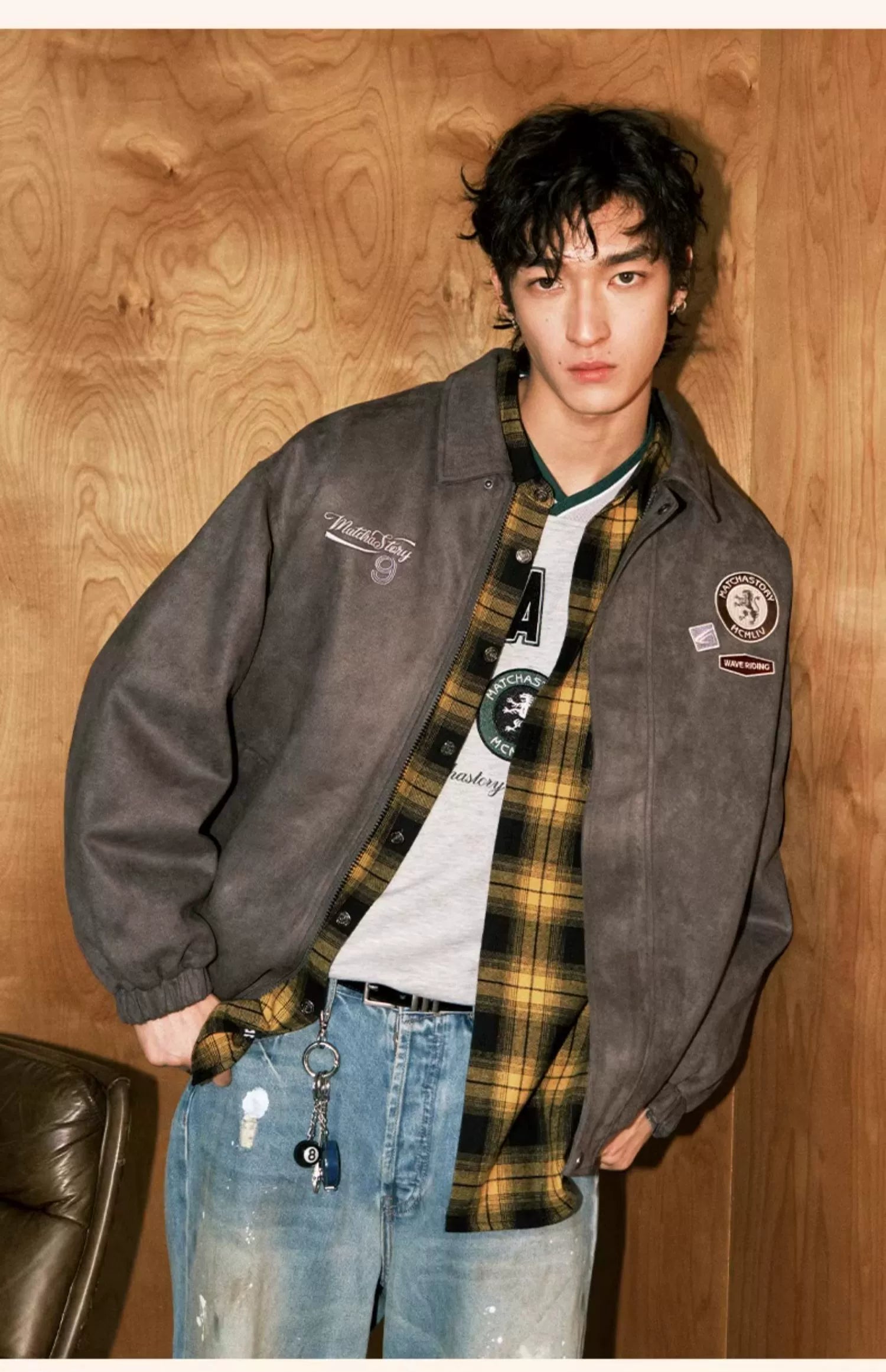 MATCHA STORY Embroidered Badge Vintage Tooling Jacket