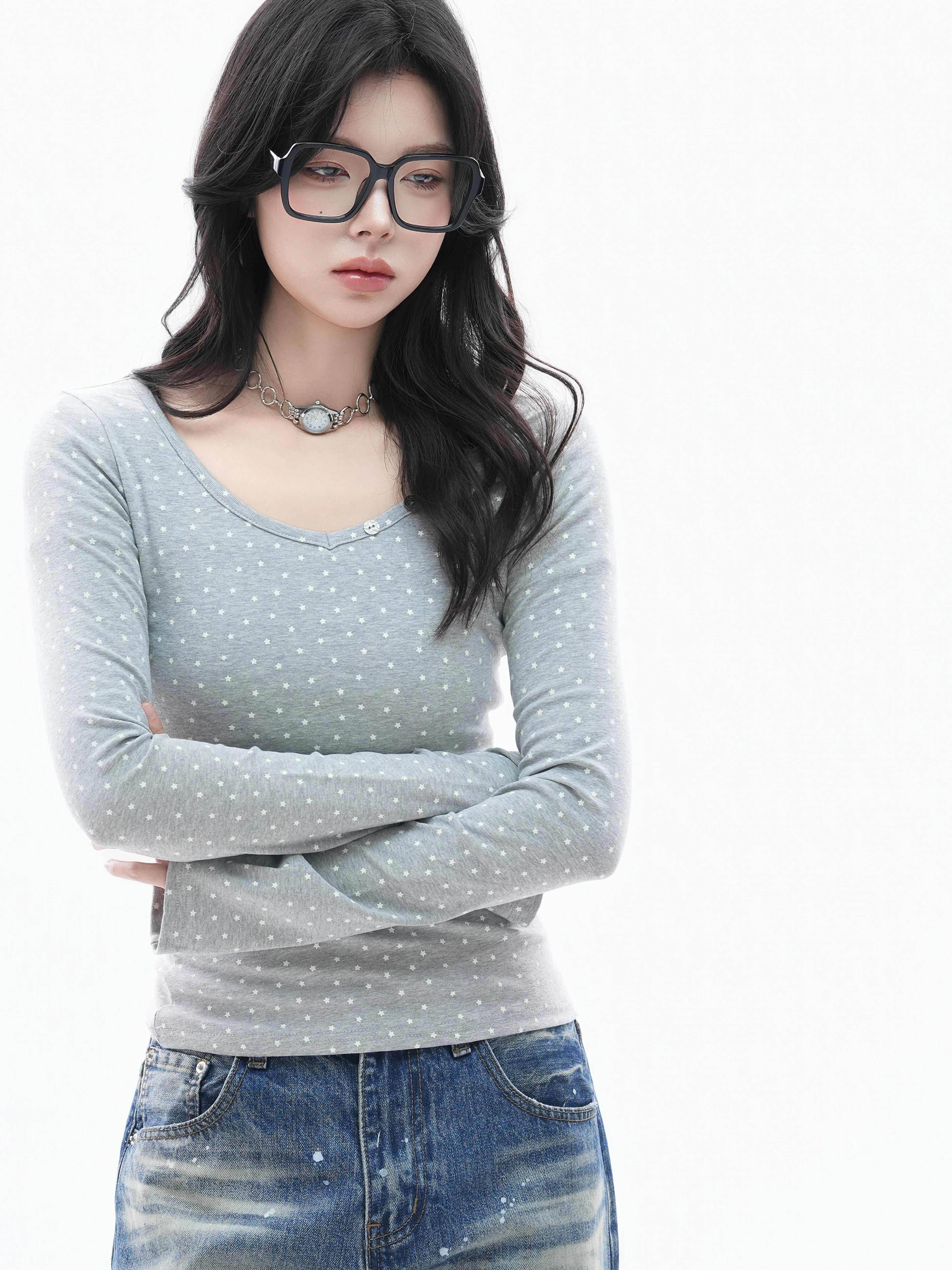 Zuocisankon Full Printed Star Horn Sleeve Short Slim Long Sleeve