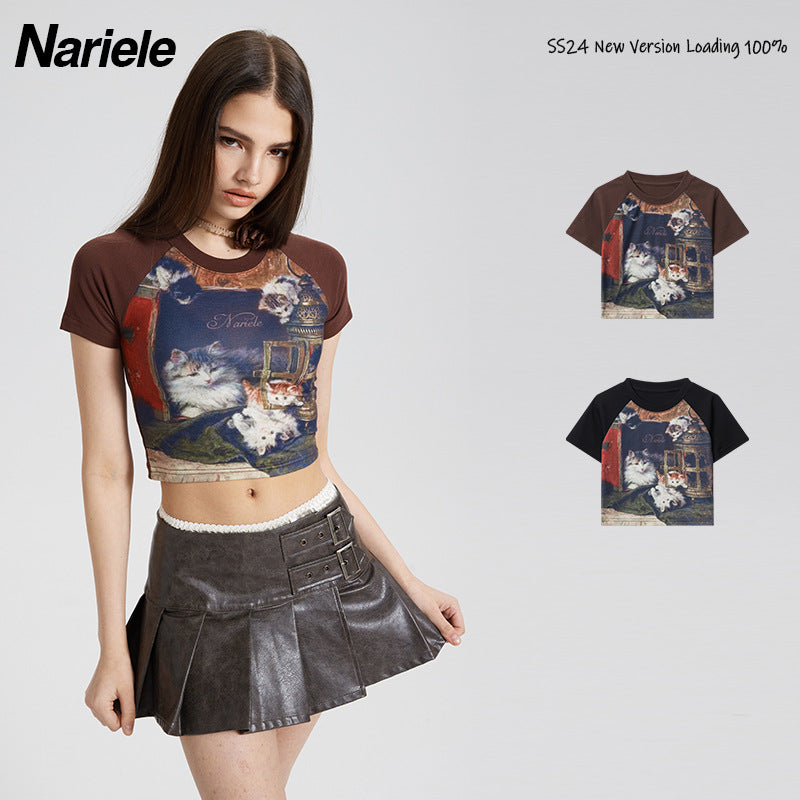 Nariele Cat Digital Print Button Tee