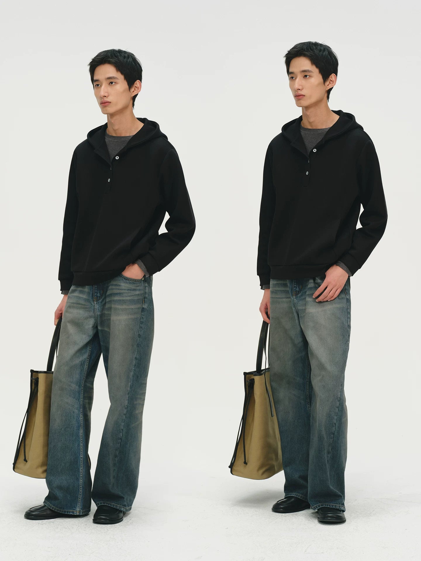 No Logo Warm and Soft Henry Collar Hooded Sweatshirt