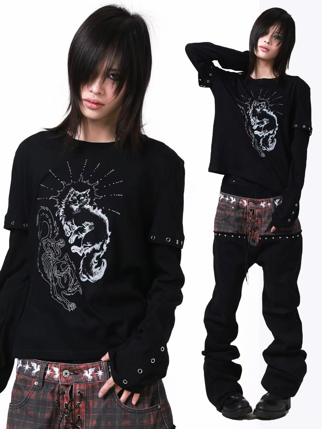 DETW Fake Two Pieces Micro-elastic Thin Metal Embellished Long Sleeves