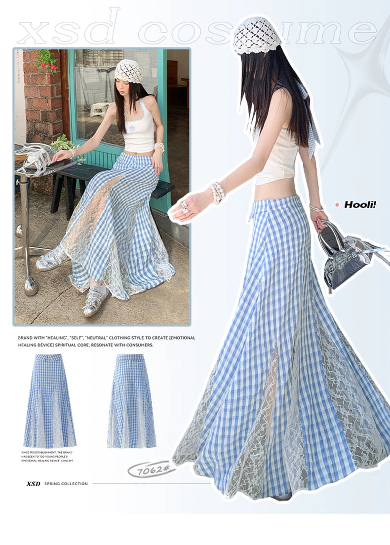 KPSR Plaid Lace Stitching A-word Vertical Skirt