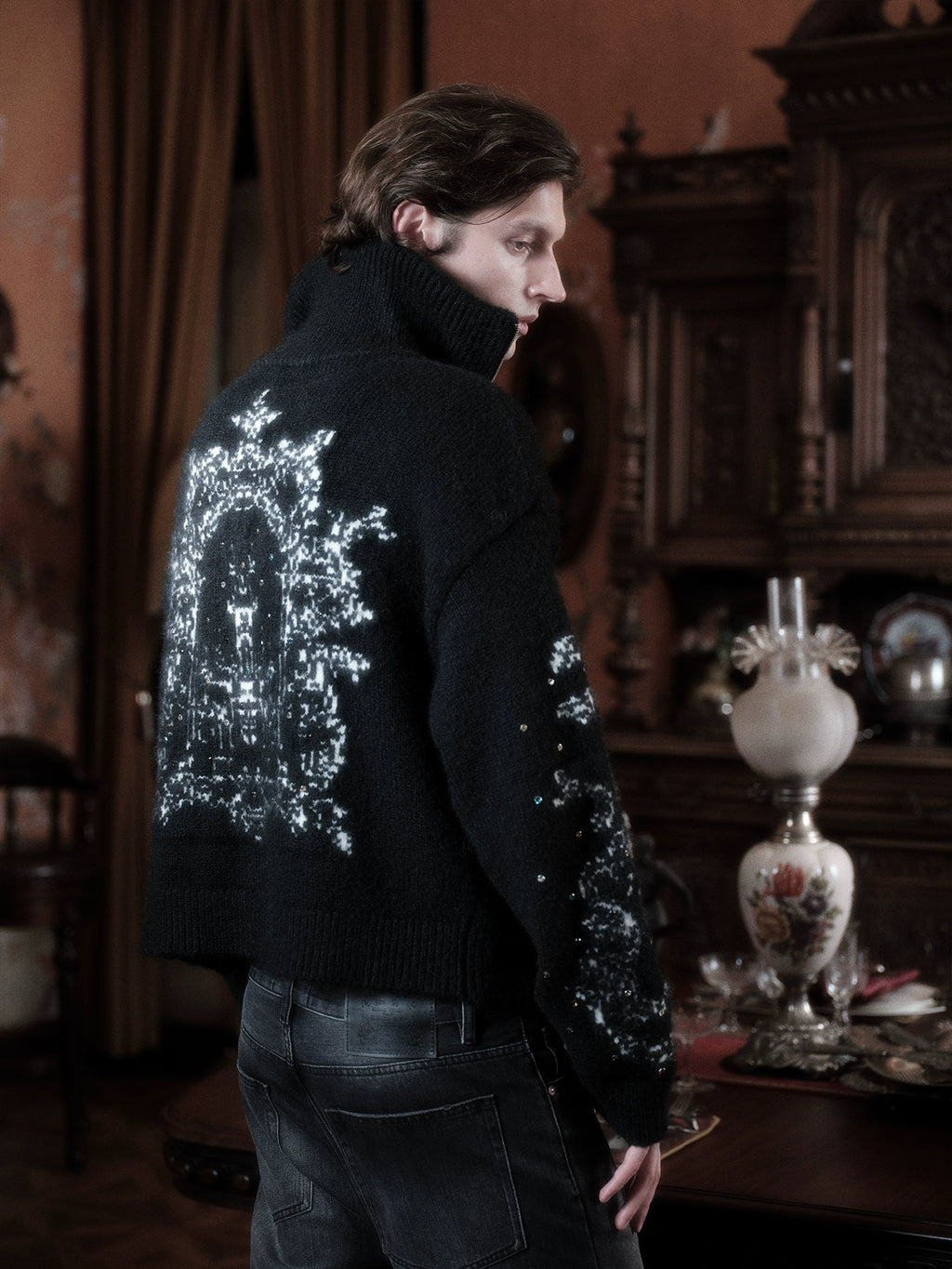 WANNA LAB Jacquard Upturned Neck Knitted Cardigan Sweater