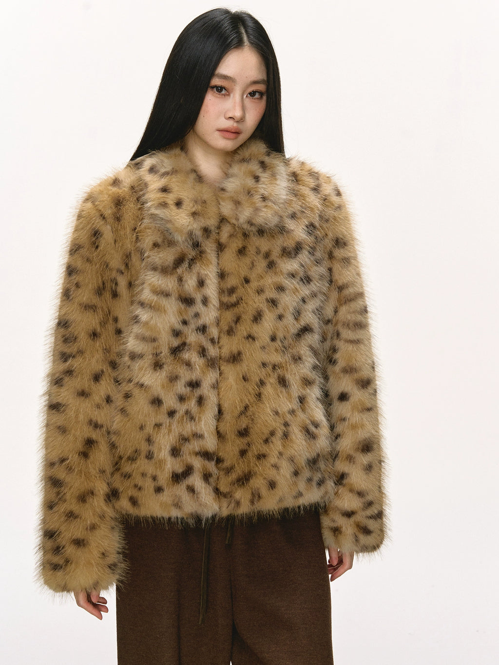 Anna Aneae Leopard Print Premium Lapel Thickened Short Fluffy Jacket