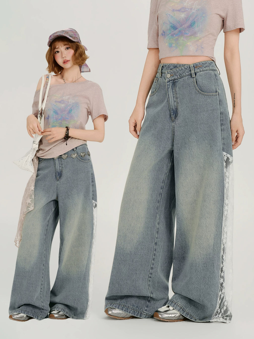 Girlyhalo Vintage Lace Patchwork Wide Leg Jeans