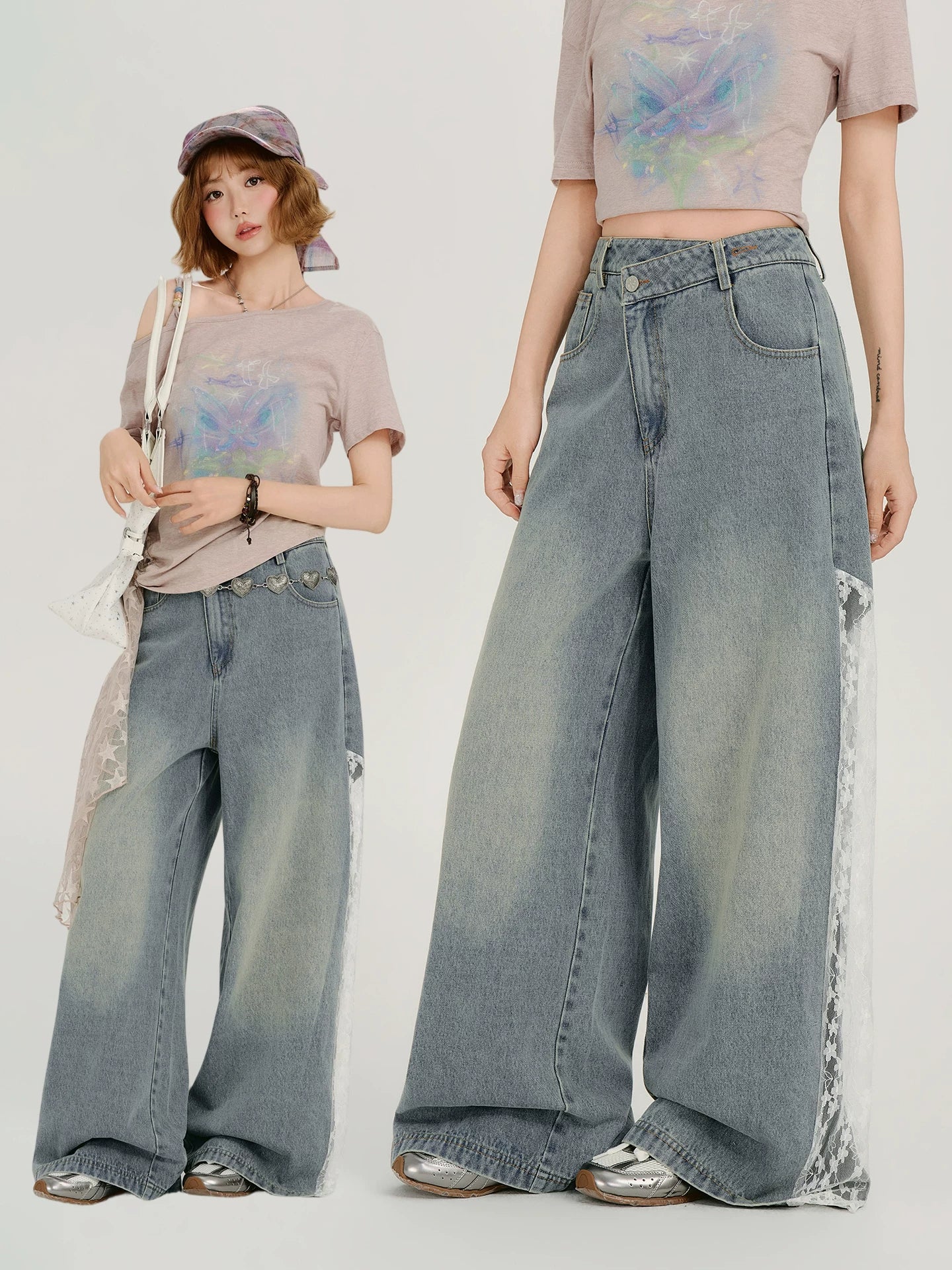 Girlyhalo Vintage Lace Patchwork Wide Leg Jeans