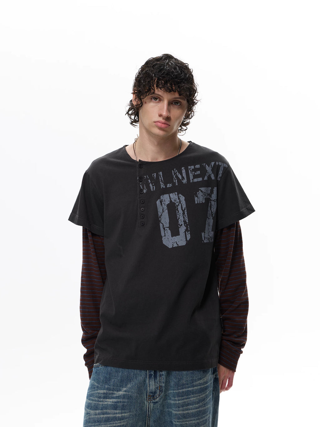 WLNEXT Striped Splicing Fake Two-piece Long Sleeve