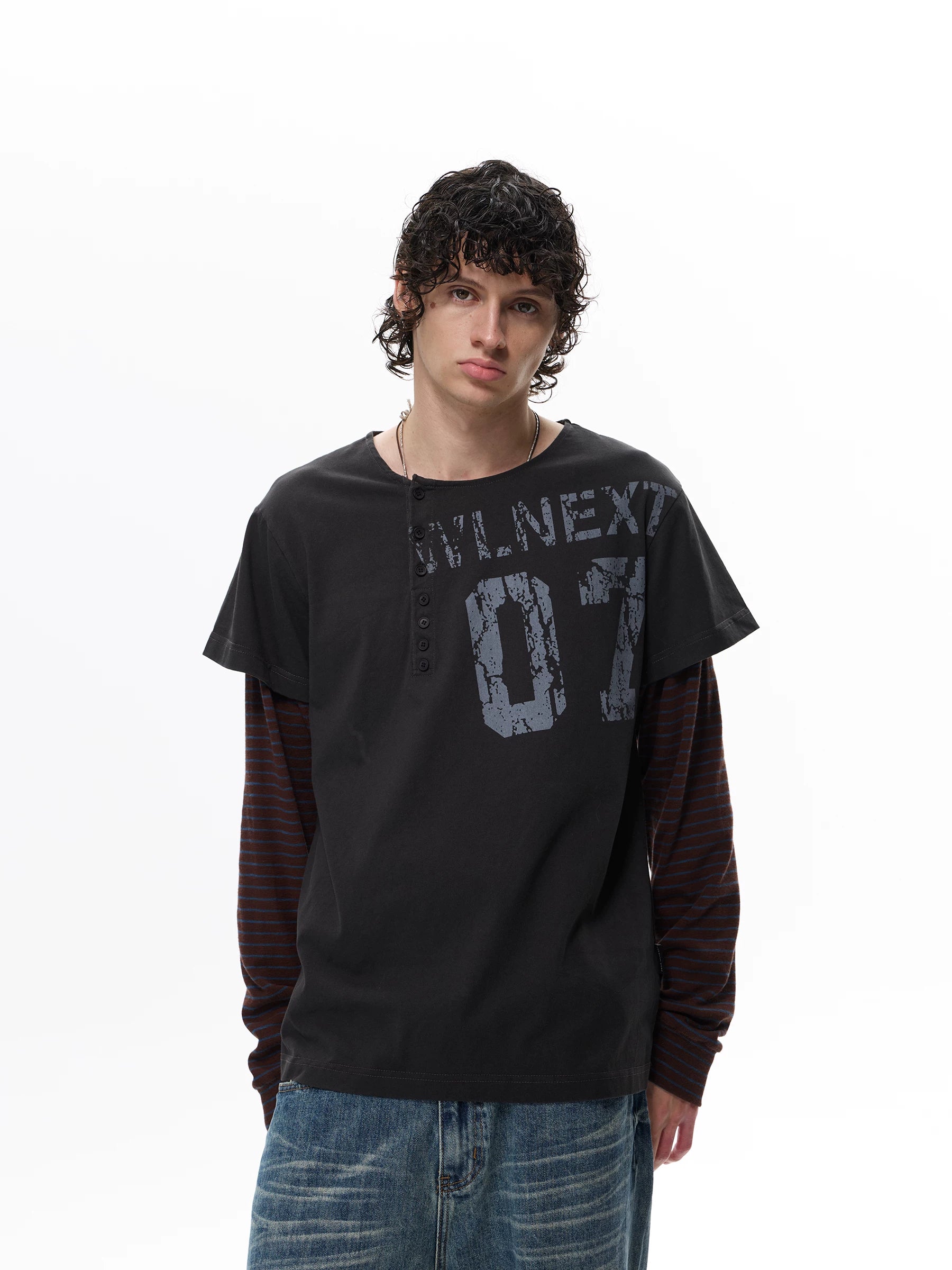 WLNEXT Striped Splicing Fake Two-piece Long Sleeve
