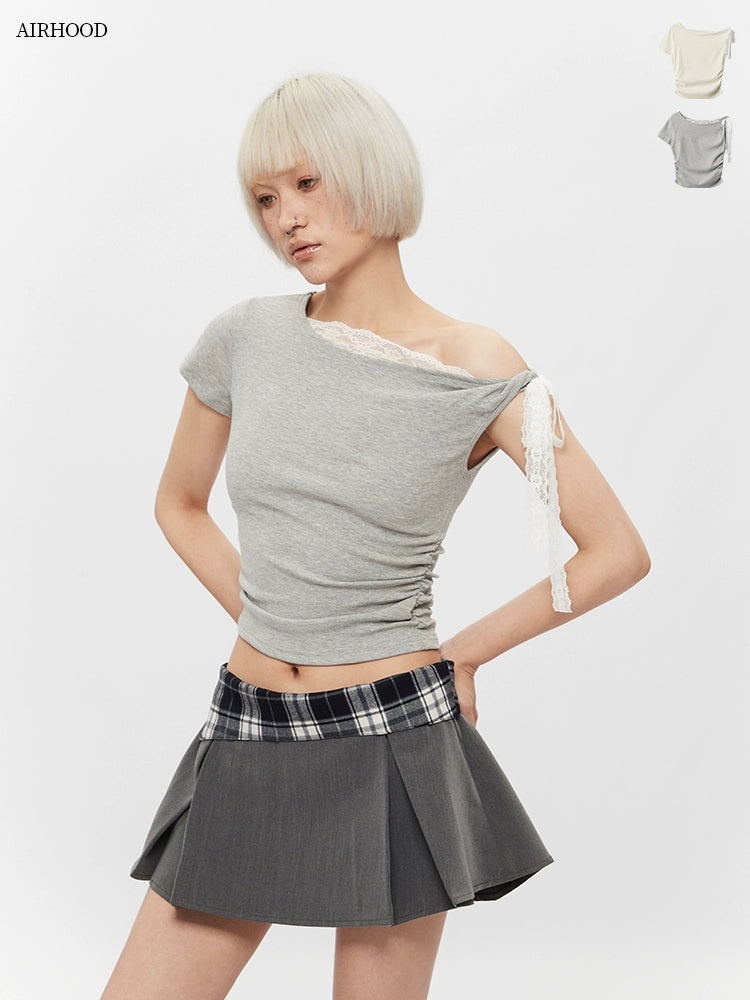 AIRHOOD Lace Sexy Diagonal Collar Short Tee