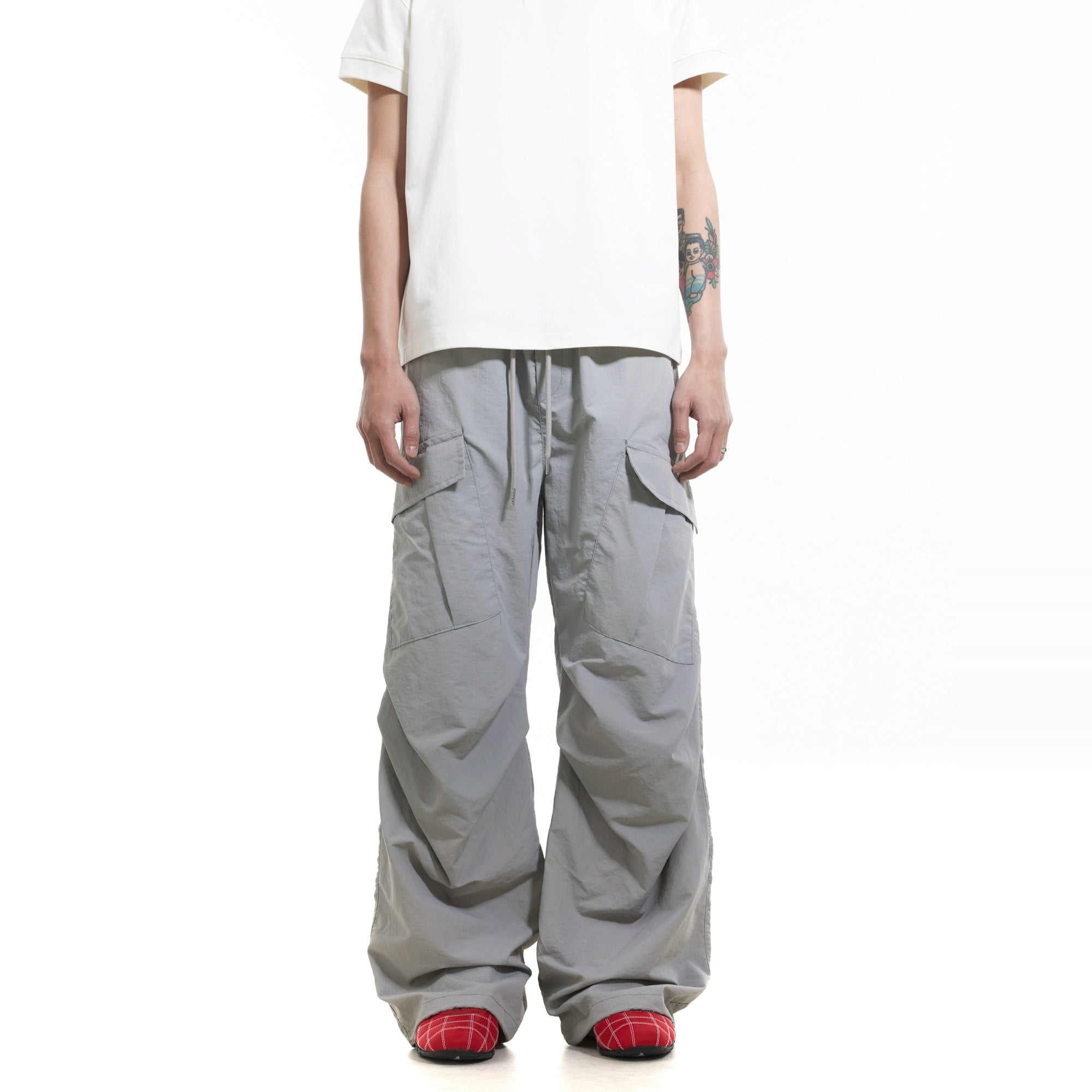BTSG Pleated Drawstring Multi-Pocket Nylon Paratrooper Pants