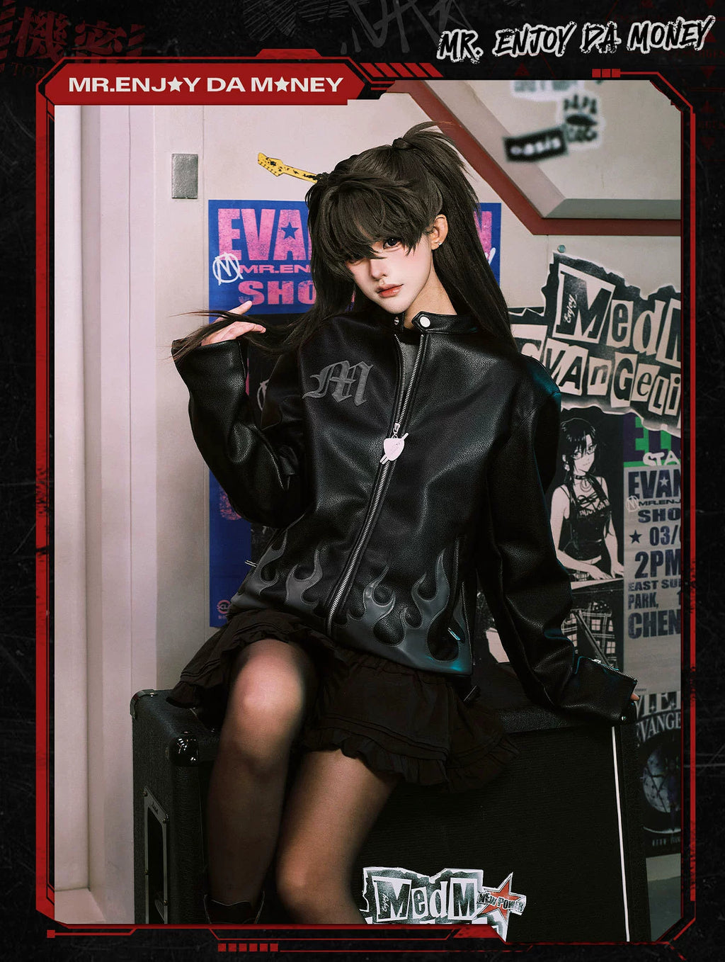 MEDM Flame Print Casual Zip Leather Jacket
