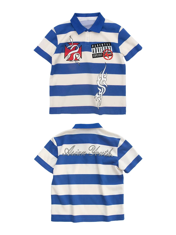 4AM Spoof Niche Print Striped Polo Shirt