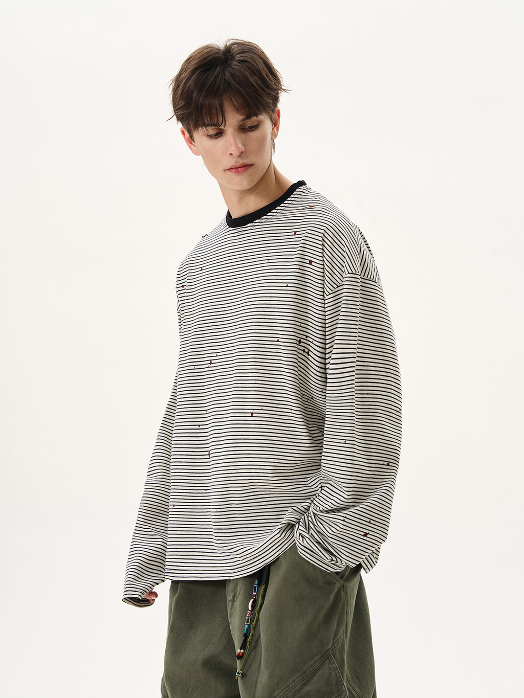 BTSG sense ink splashing ripped striped round neck long sleeve Tee
