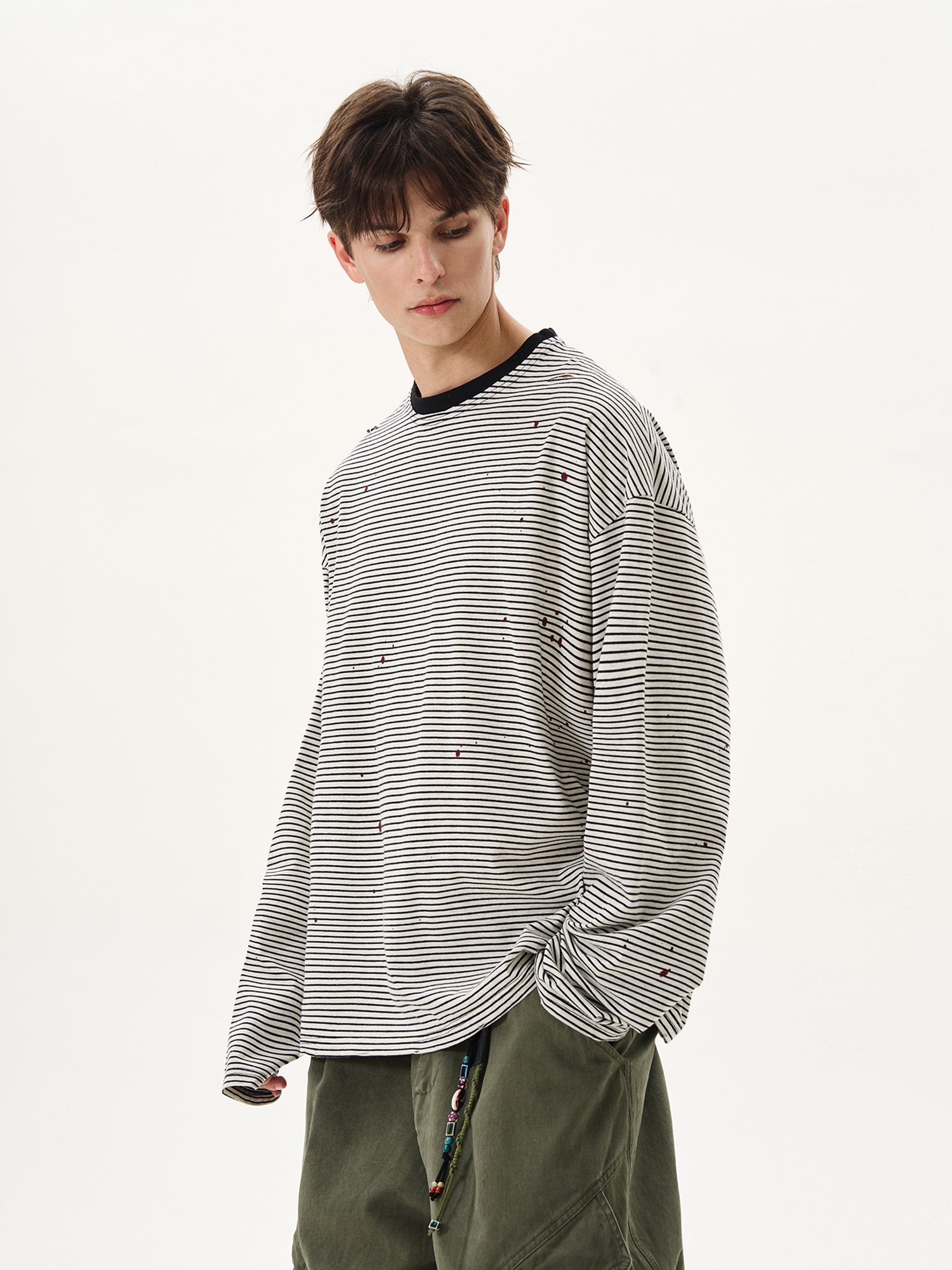 BTSG sense ink splashing ripped striped round neck long sleeve Tee