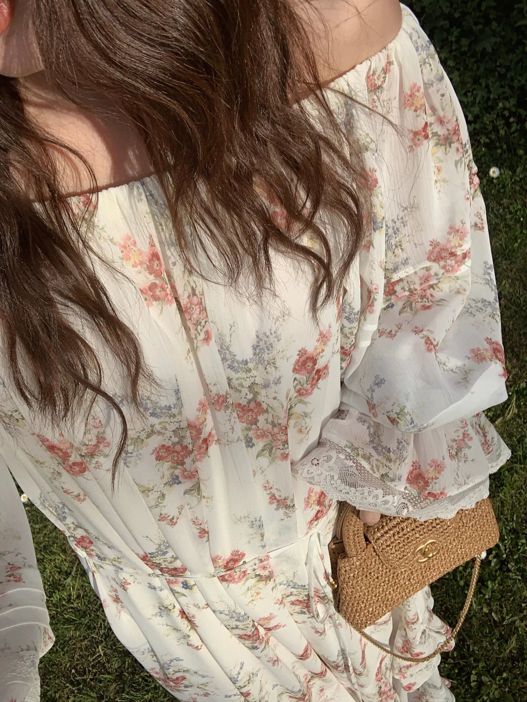1S Floral One-word Collar Off-the-shoulder Horn Dress