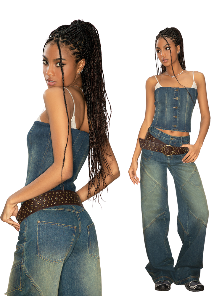 ABMY Fishbone Lace Stitching Denim Sling