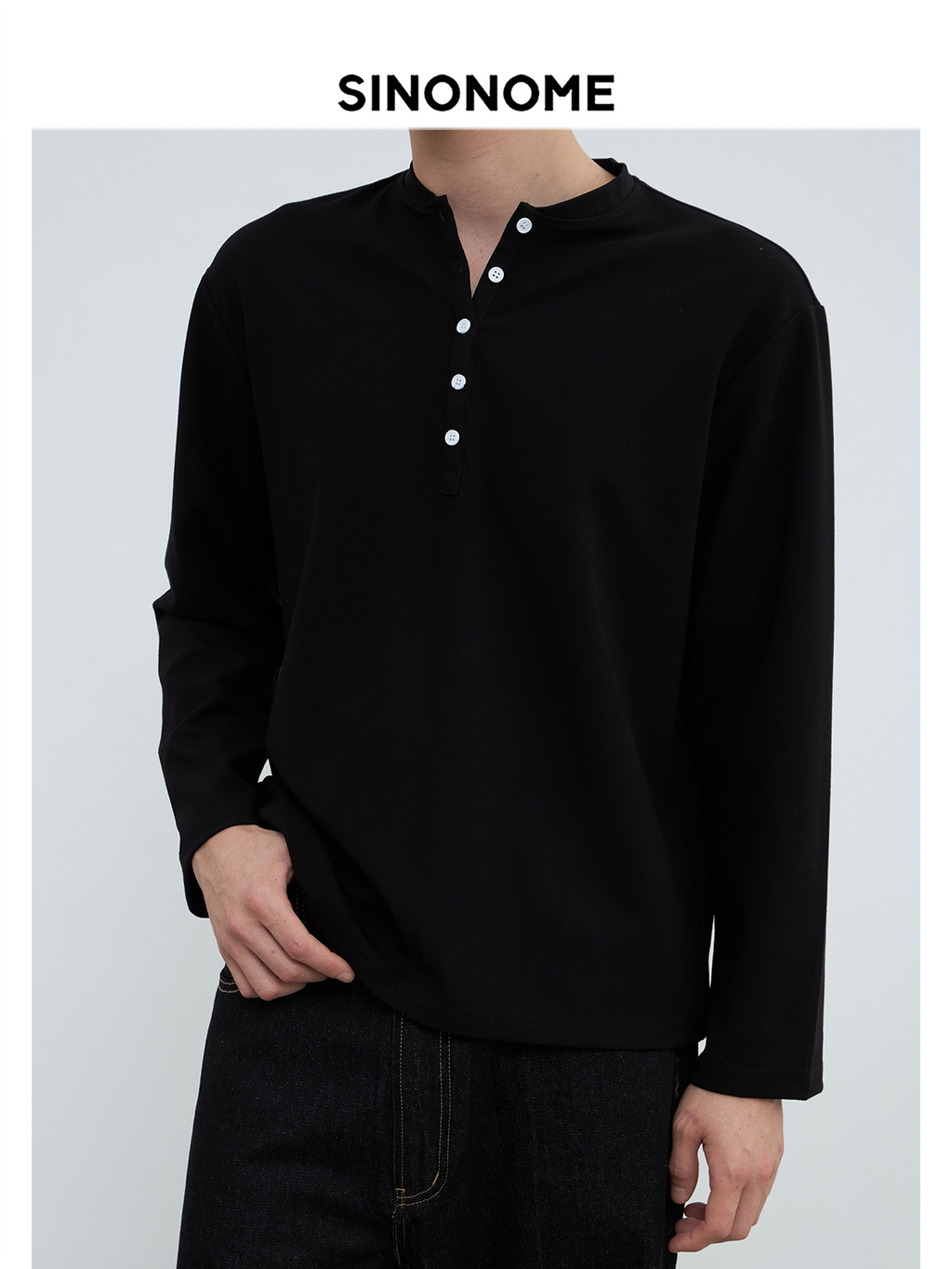 SINONOME  anti-wrinkle henry neck basic long sleeve short T-shirt cleanfit