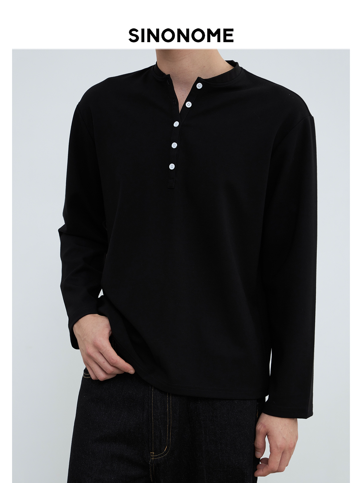 SINONOME  anti-wrinkle henry neck basic long sleeve short T-shirt cleanfit