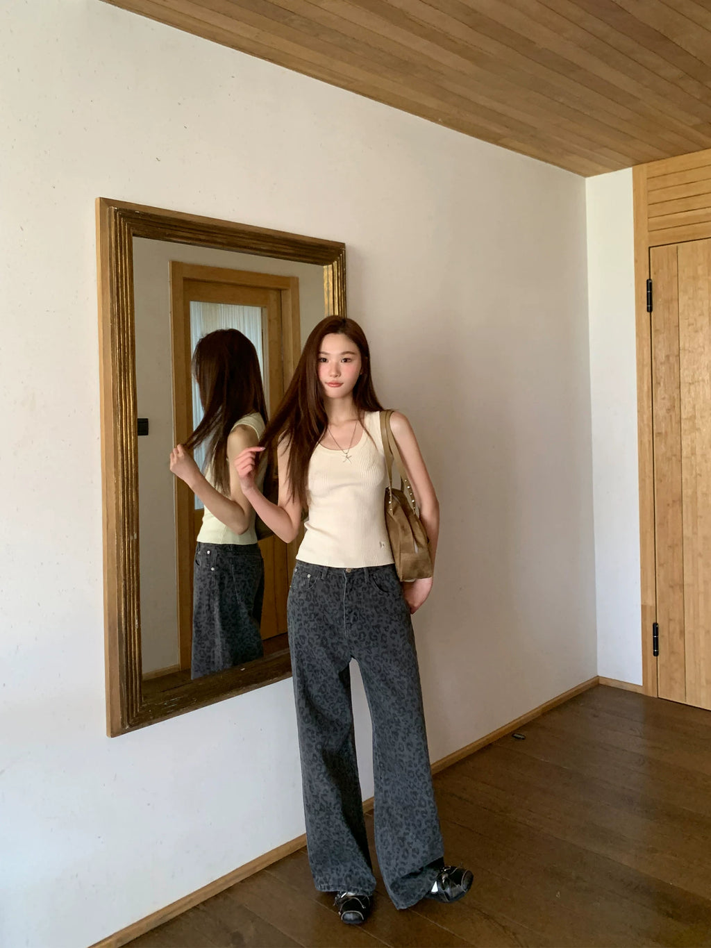 KANO Leopard Straight Wide Leg Jeans