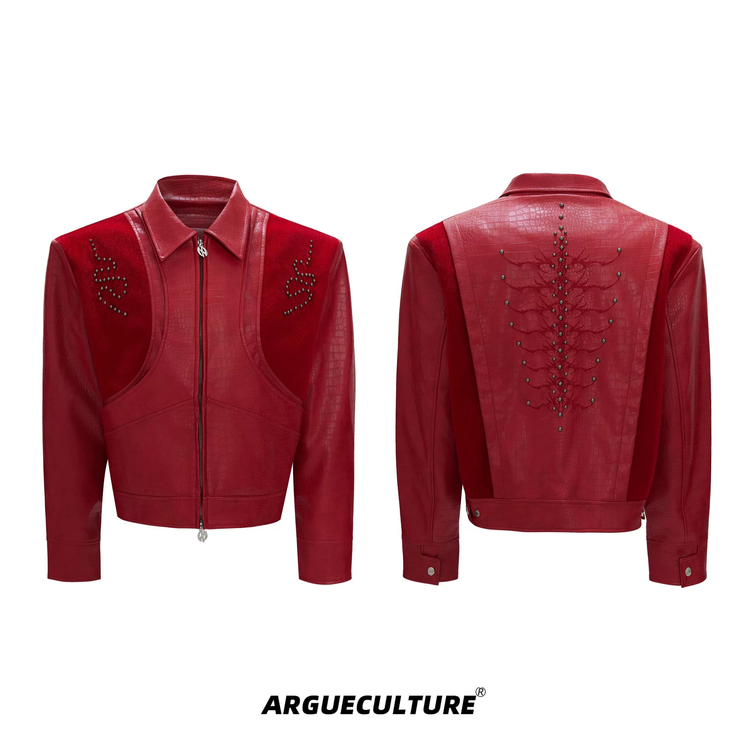 ArguECulturE Snakeskin Stitching Embroidered Slim-fit Leather Jacket
