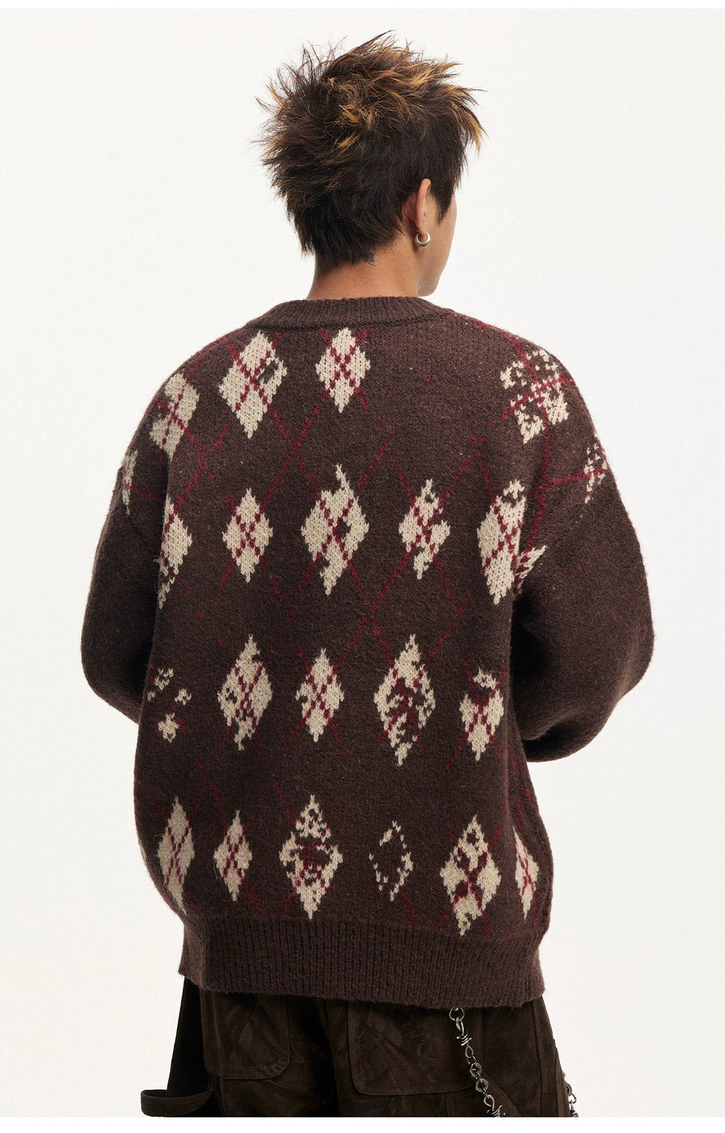 CoosRetro V-Neck Vintage Rhombus Checked Casual Knitted Sweater